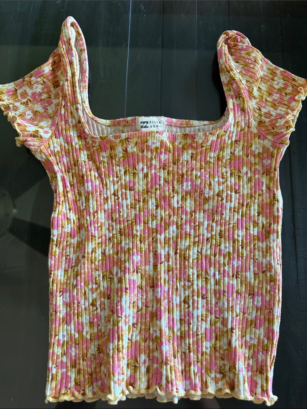 Billabong Pink and Cream Floral Ribbed Square-Neck Top